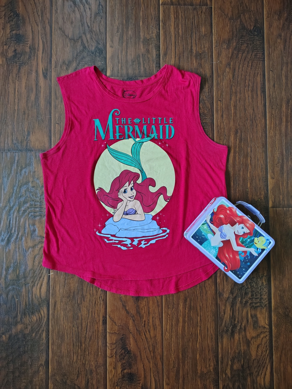 Disney Little Mermaid Red tank top and tin lunch box collectible bundle Size XL